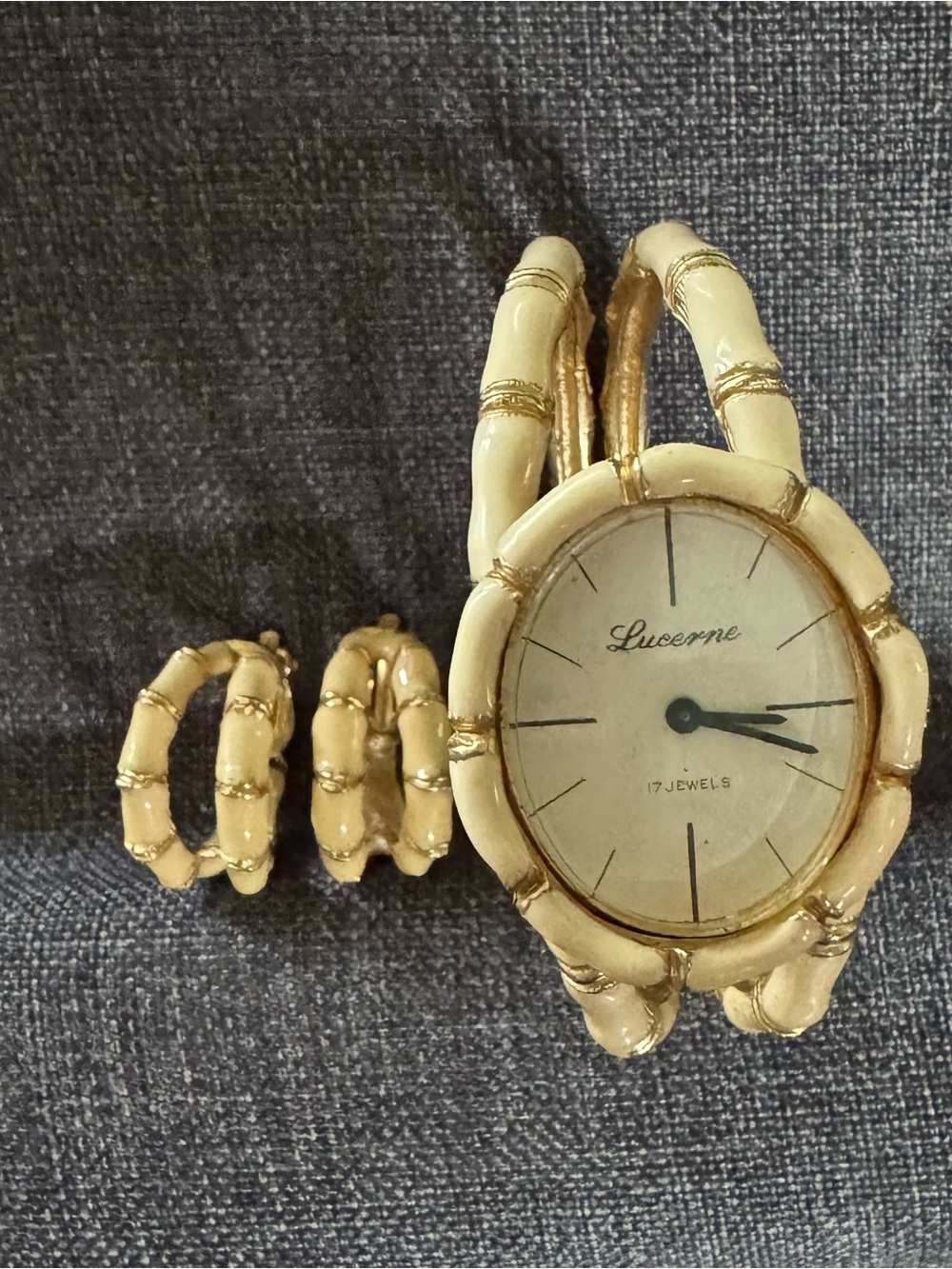 Vintage Lucerne 17 Jewels Bamboo-Style Bracelet Watch & Matching Earrings